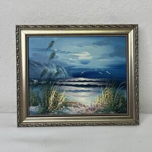 Original oil painting Moonlit coastal scene signed M. Harry Full Moon sea scene